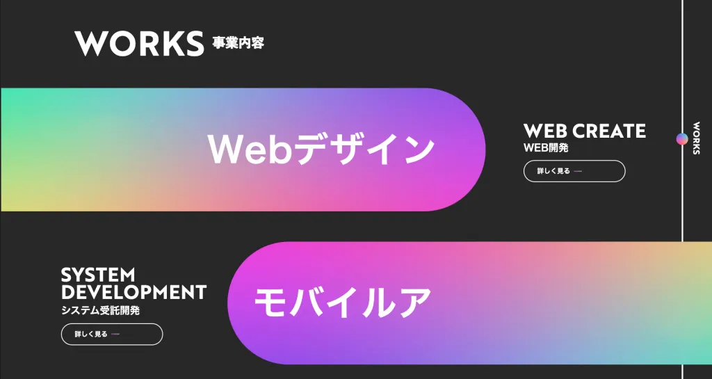 株式会社iTech のサイトの事業内容。Webデザインとシステム開発を並べている