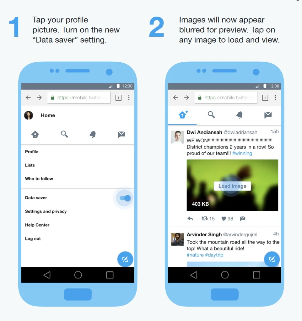 PWA の例。スマートフォンでプロフィール写真をタップし、「Data saver」設定をオンにすると、画像がぼかしで表示され、タップしたものだけ読み込まれる