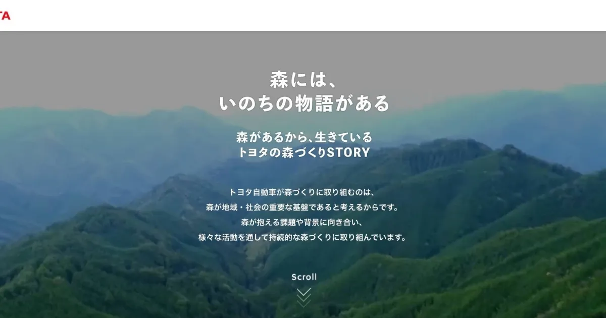 トヨタの森のサイト。「森には、いのちの物語がある」