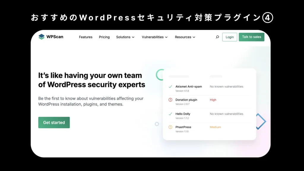 WordPress のセキュリティ対策プラグイン WPScan のサイト。「It's like having your own team of WordPress security experts」