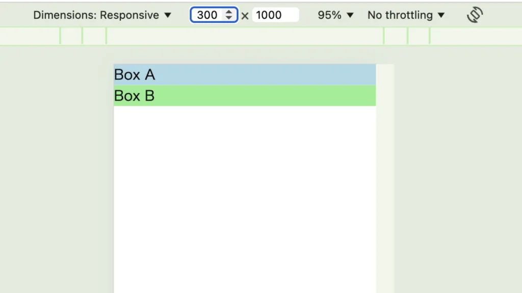 CSSコンテナクエリの動作例。幅300pxになると Box A と Box B の背景が黄緑に変わる
