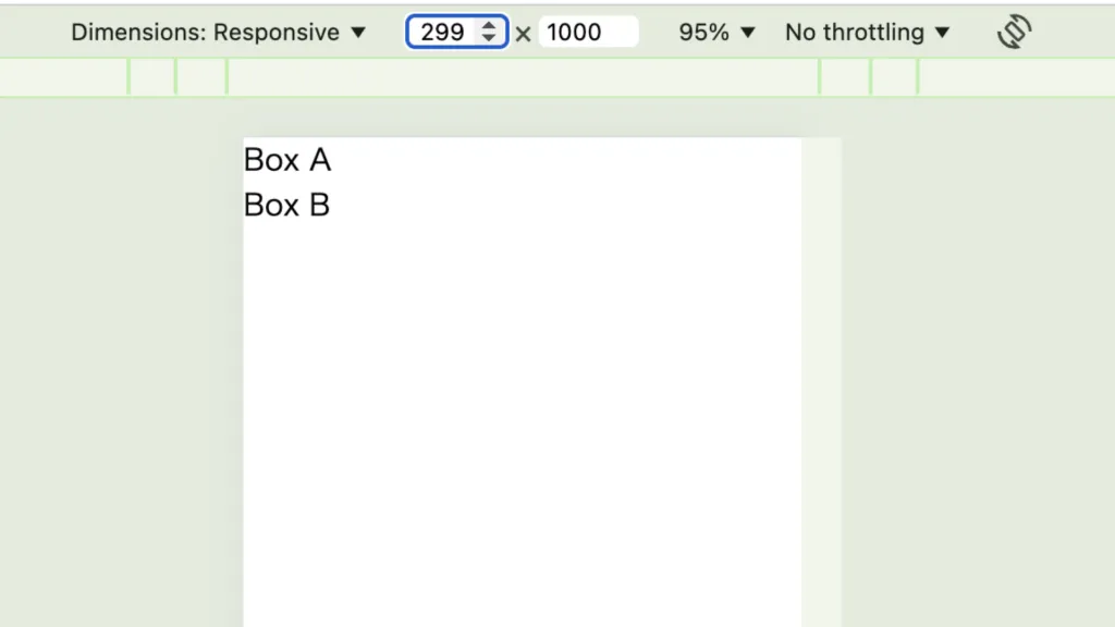 CSSコンテナクエリの動作例。幅299pxでは Box A と Box B が縦に並んでいる