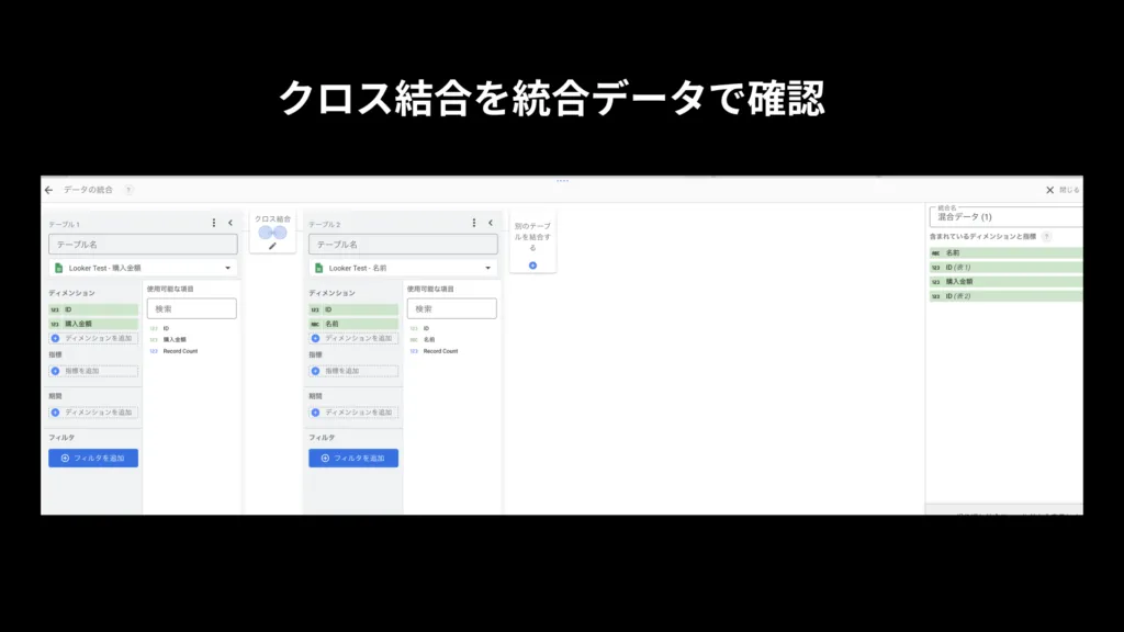 クロス結合を統合データで確認している画面