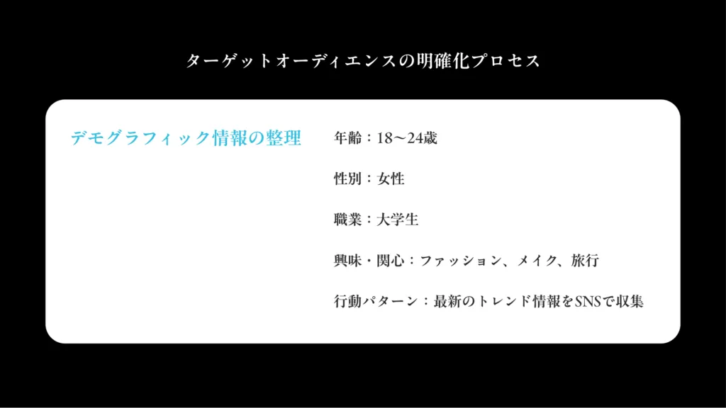 ターゲットオーディエンスの明確化プロセス。年齢・性別・職業・趣味や関心・行動パターンといったデモグラフィック情報を整理した例