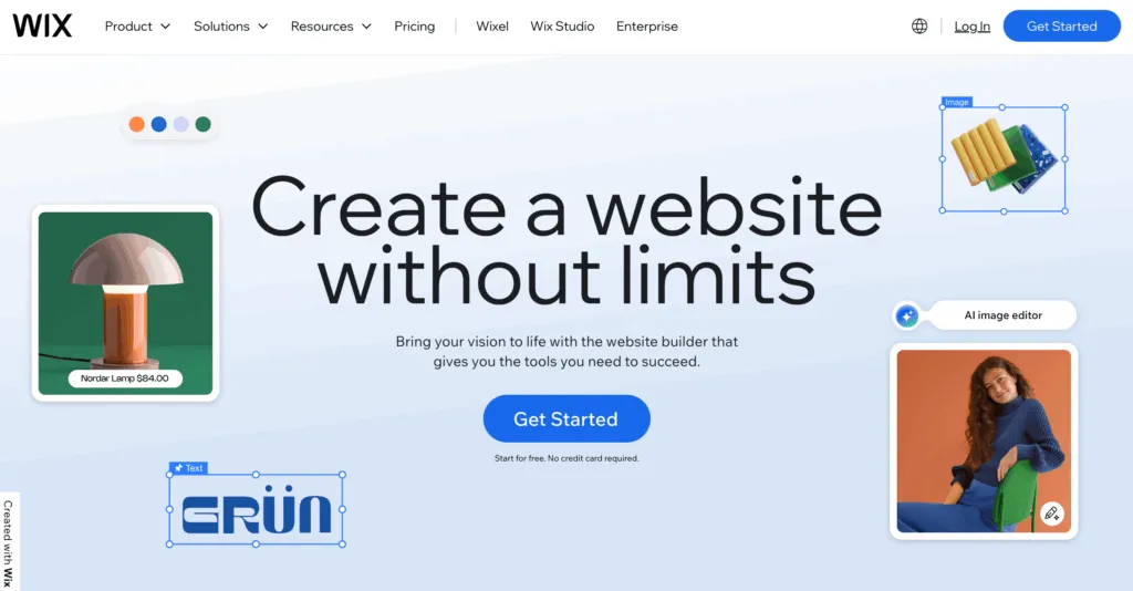 Wix のトップページ。「Create a website without limits」